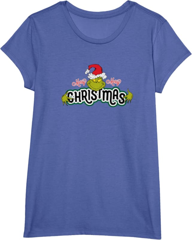 Blue t-shirt with a colorful ’Christmas’ graphic design featuring a Santa hat.