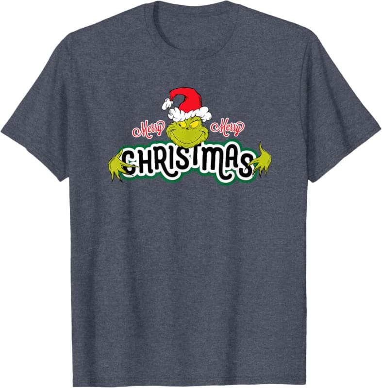 Dark gray t-shirt with a festive ’Christmas’ text design featuring a Santa hat and green accents.