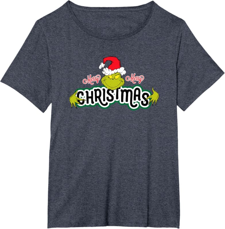 Dark gray t-shirt featuring the Grinch character with ’Christmas’ text design.