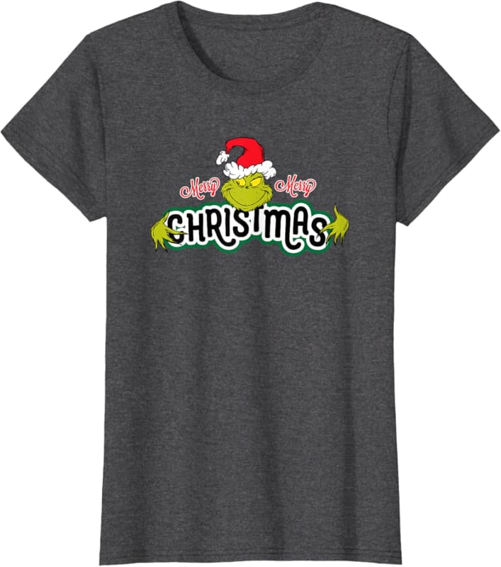 Dark gray t-shirt with a festive ’Christmas’ text design featuring a Santa hat and decorative elements.