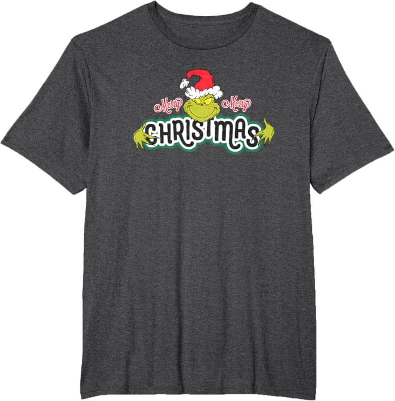 Dark gray t-shirt with a festive ’Christmas’ graphic featuring green Grinch hands and a Santa hat.