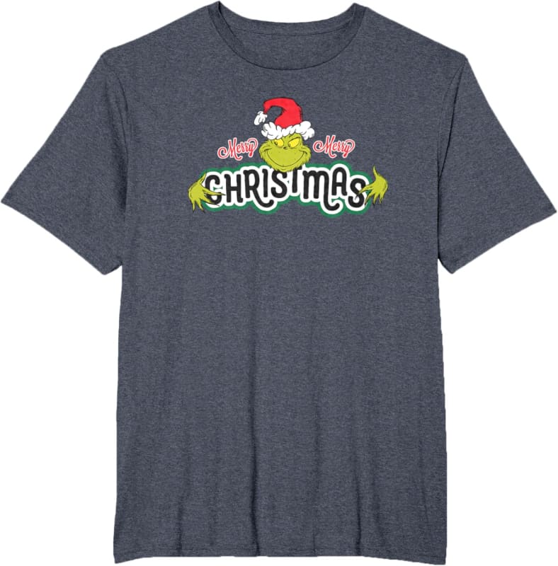 Dark gray t-shirt with a festive ’Christmas’ graphic featuring a Santa hat and green accents.