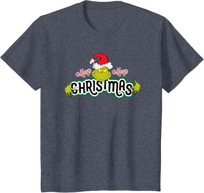 Dark gray t-shirt with a Grinch-themed Christmas graphic design.