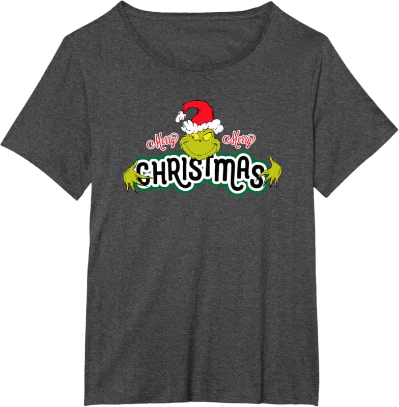 Dark gray t-shirt featuring a Grinch-themed Christmas graphic design.