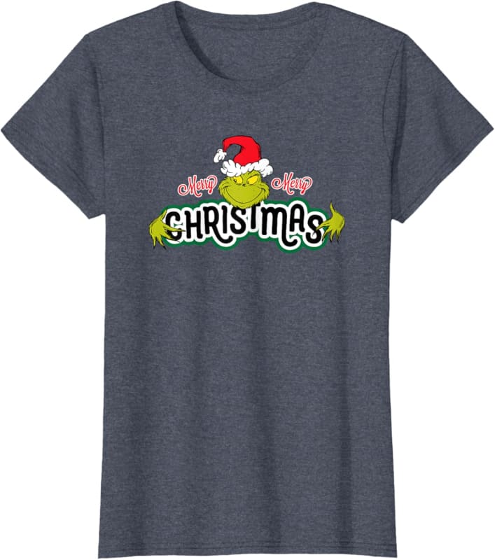 Dark gray t-shirt with a festive ’Christmas’ text design featuring a Santa hat and green decorative elements.