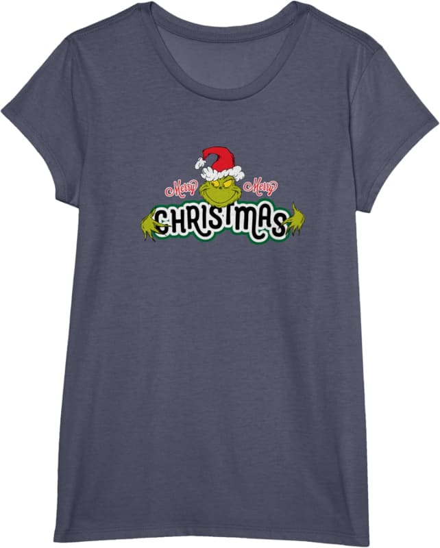 Gray t-shirt with a festive ’Christmas’ graphic design featuring a Santa hat and holiday decorations.