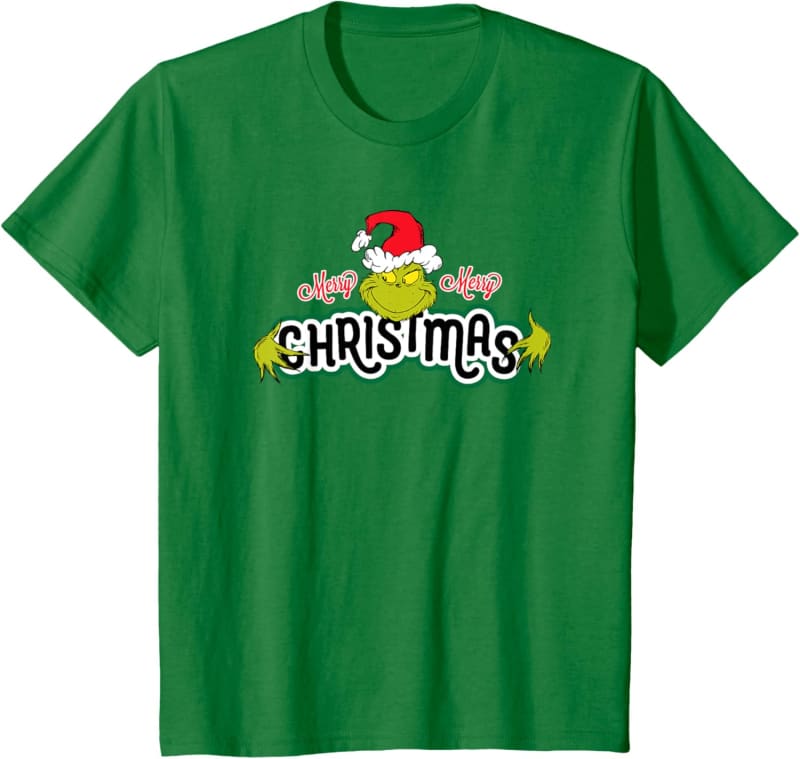 Green t-shirt with a Grinch-themed Christmas graphic design.