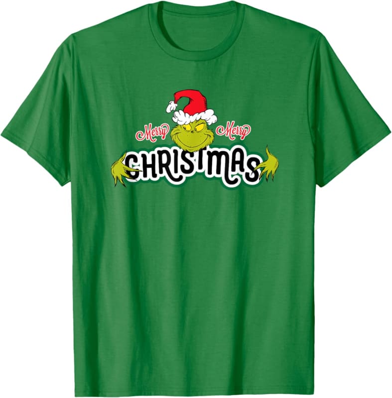 Green t-shirt with ’Christmas’ text and Santa hat graphic design.