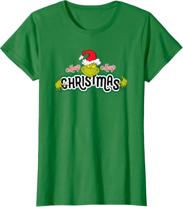 Green t-shirt with ’Christmas’ text and Santa hat graphic design.