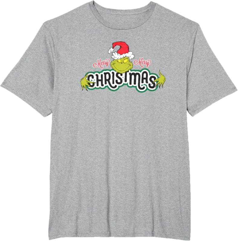 Grey t-shirt with a Christmas-themed graphic featuring green hands and a Santa hat.