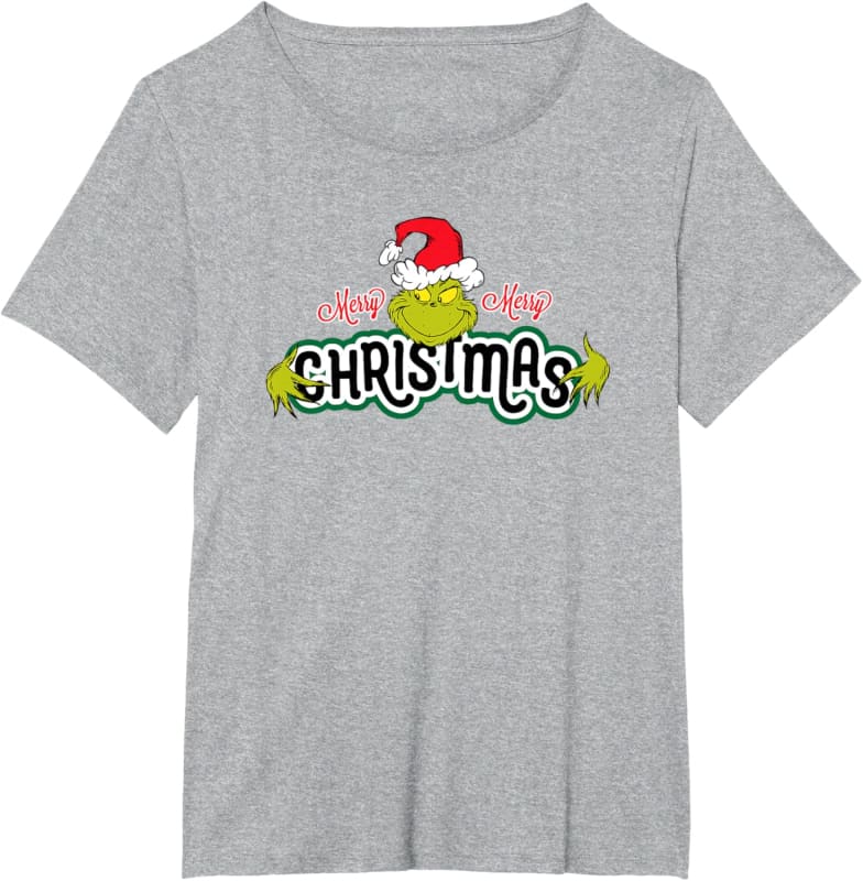 Grey t-shirt featuring a Grinch-themed Christmas graphic design.