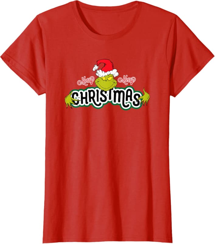 Red t-shirt with ’Christmas’ text and holiday graphics including a Santa hat.