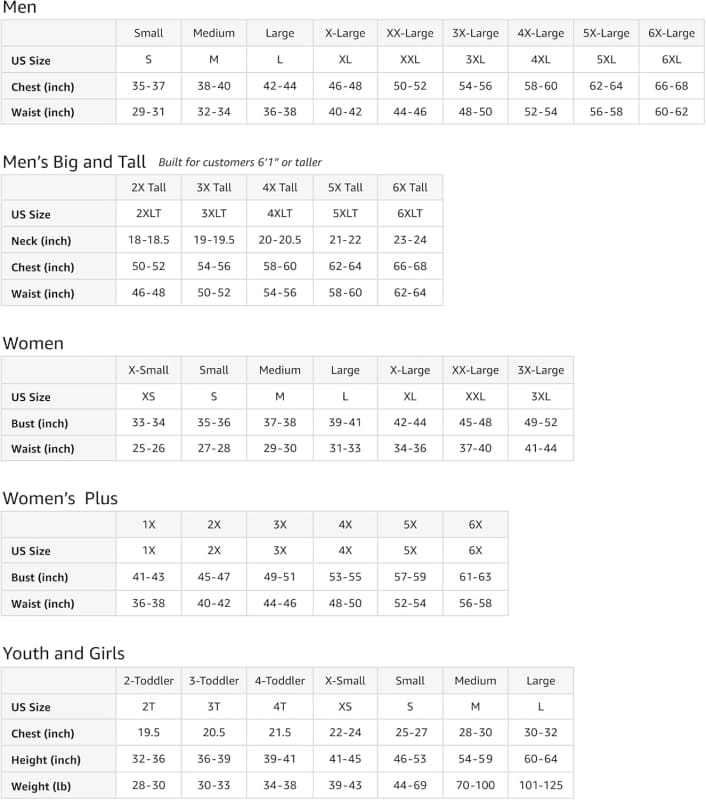 Size chart showing measurements for men’s, women’s, and youth clothing.