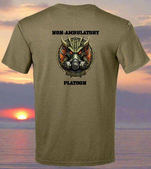 Military-style t-shirt with a ’Non-Ambulatory Platoon’ graphic featuring a horned skull and gas mask design.