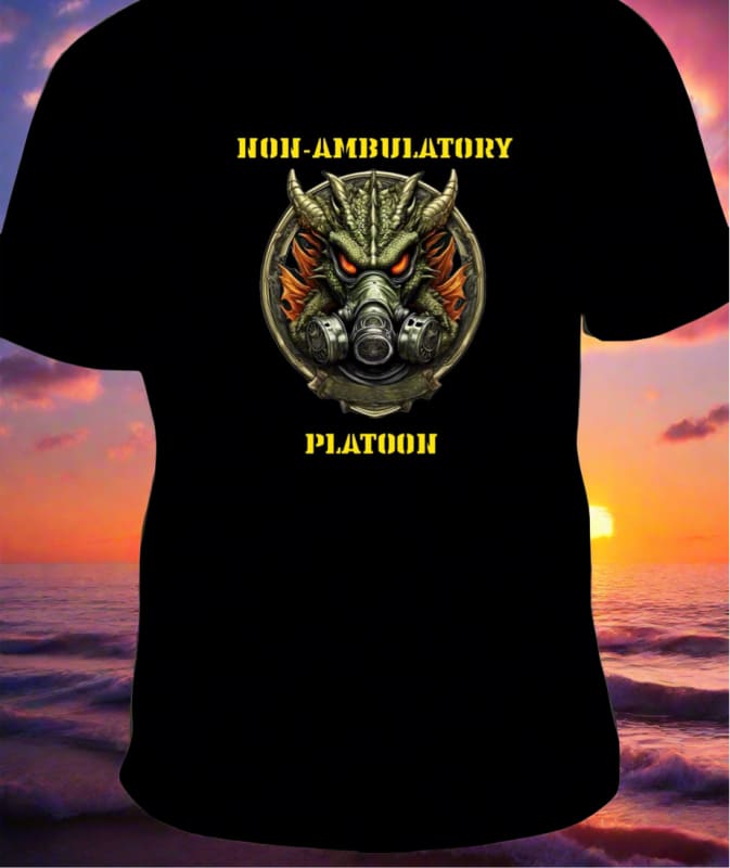 Black t-shirt featuring a graphic design of a horned creature wearing a gas mask, with text reading ’Non-Ambulatory Platoon’.