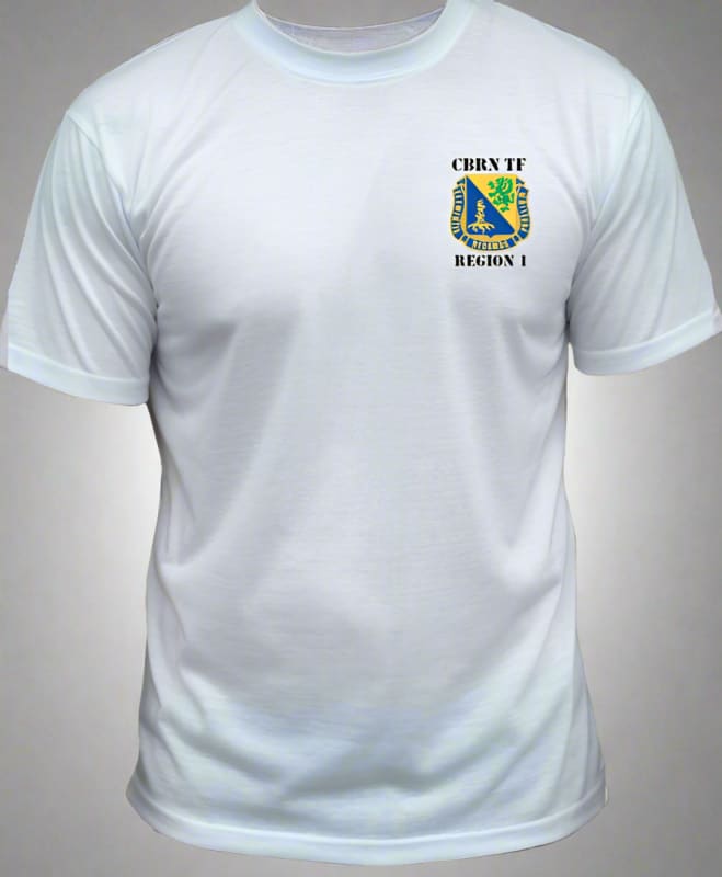 White t-shirt with a small colorful logo on the left chest area.