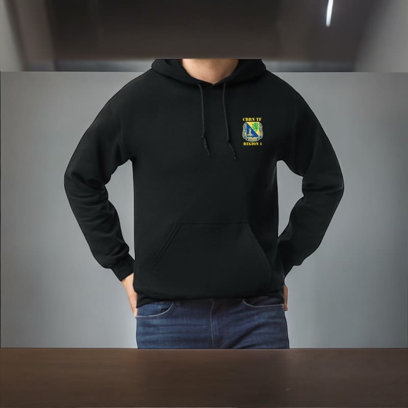 Black hoodie sweatshirt with a small logo patch on the chest.