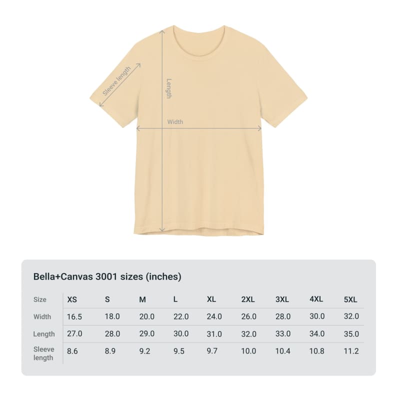 Beige t-shirt with faint outline markings and a size chart below.