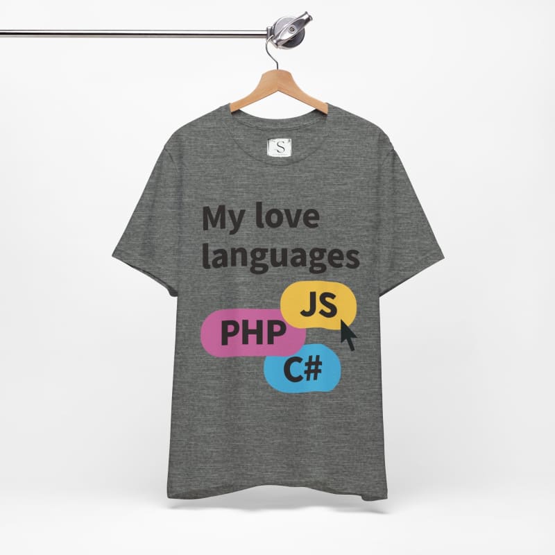 Gray t-shirt with a programming-themed graphic design featuring ’My love languages’ and programming language names.