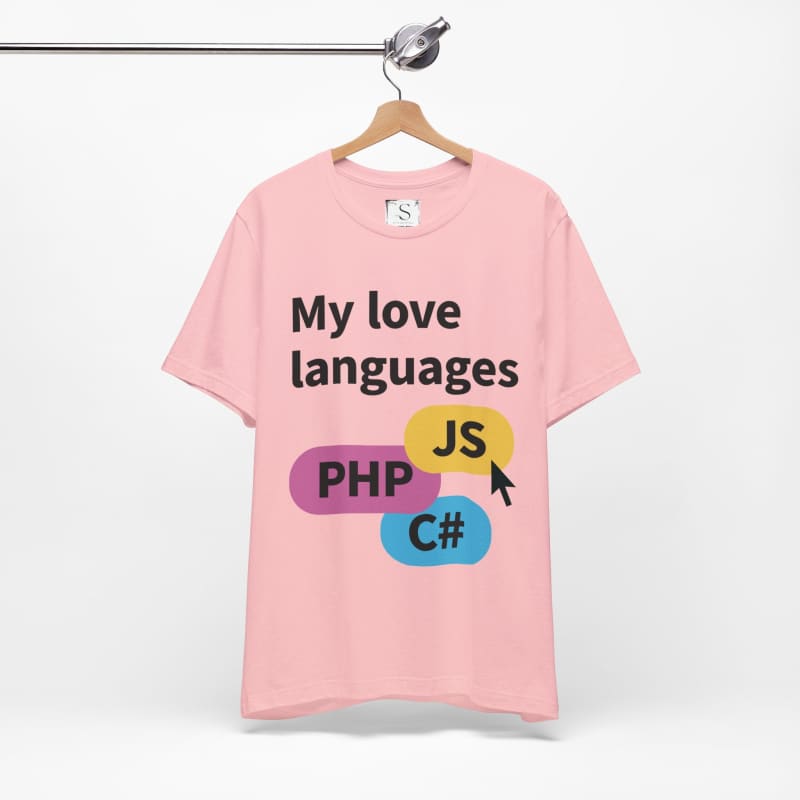 Pink t-shirt with a programming-themed slogan and colorful graphics.