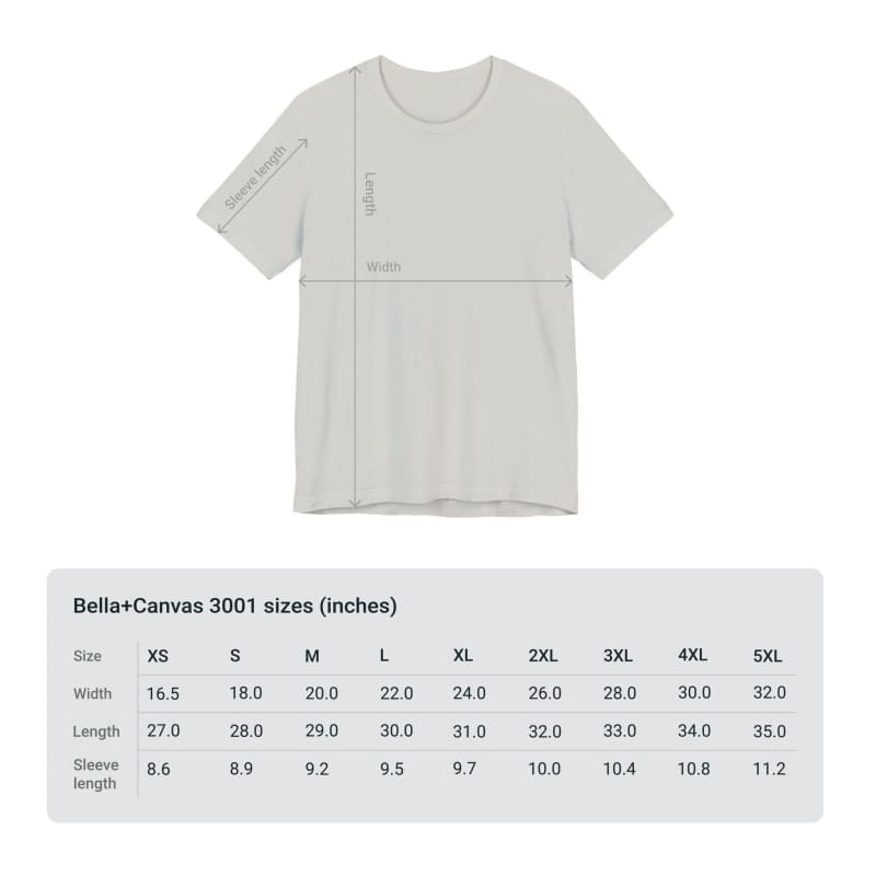 Plain white t-shirt with sizing measurements outlined on it.