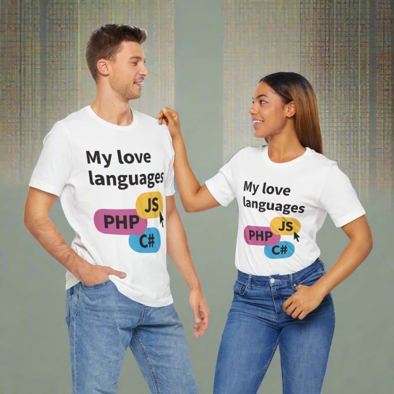 Matching t-shirts with programming language logos worn by a couple.