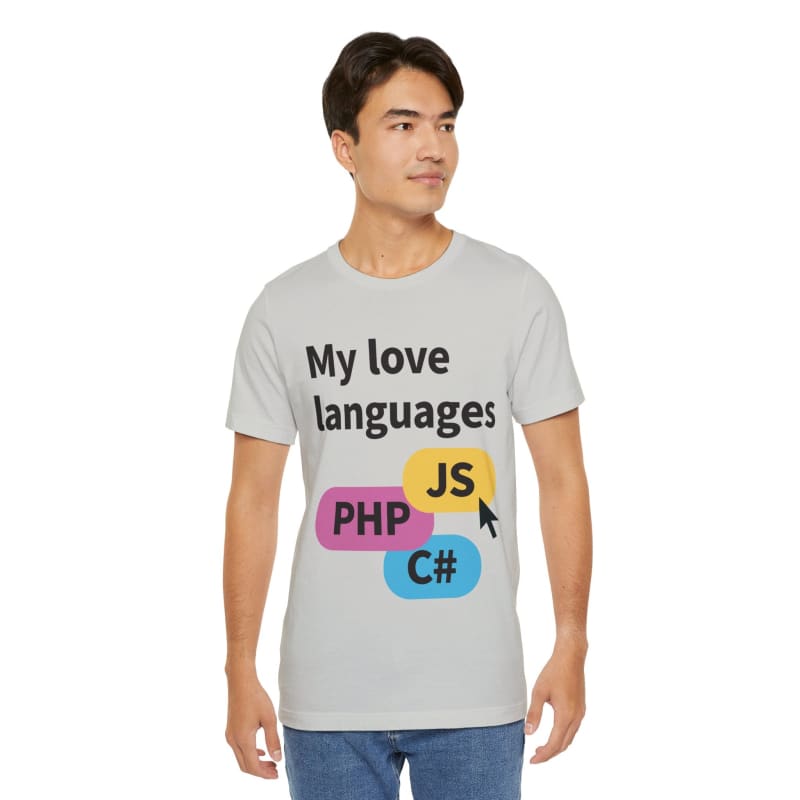 T-shirt with a programming-themed design featuring text and colorful language logos.