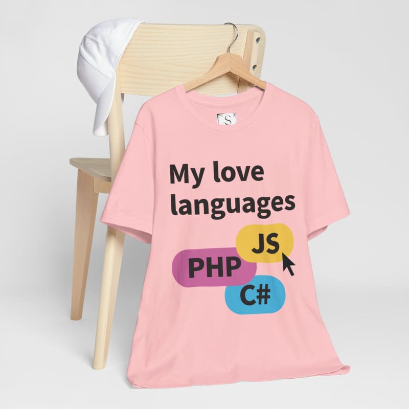 Pink t-shirt with ’My love languages’ text and programming language names printed on it.