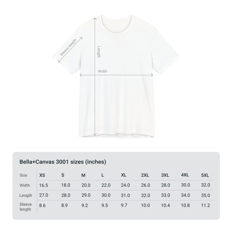 White t-shirt with measurement lines and a size chart below.