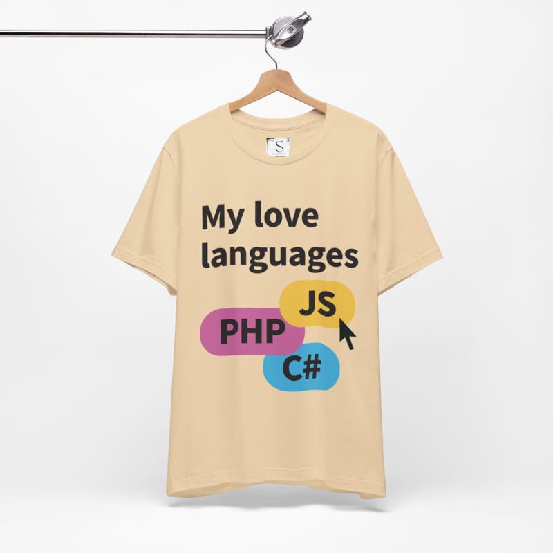 Beige t-shirt with ’My love languages’ text and programming language names printed on it.