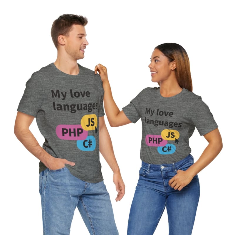 Matching gray t-shirts with programming language names printed on them, worn by a man and woman standing together.