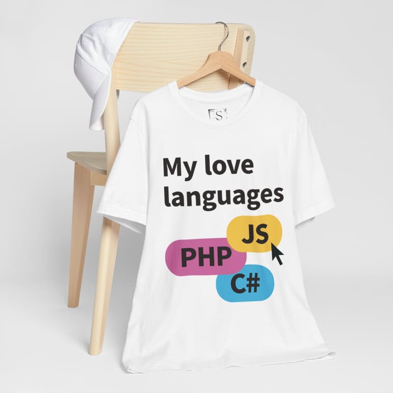 White t-shirt with ’My love languages’ text and programming language names printed on it.