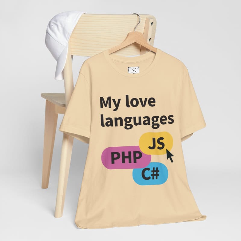 T-shirt with ’My love languages’ text and programming language names PHP, JS, and C# printed on it.