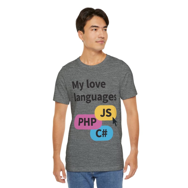 Gray t-shirt with programming language names printed on it.