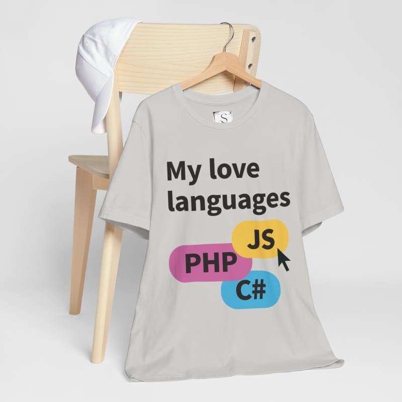 Gray t-shirt with ’My love languages’ text and programming language names printed on it.