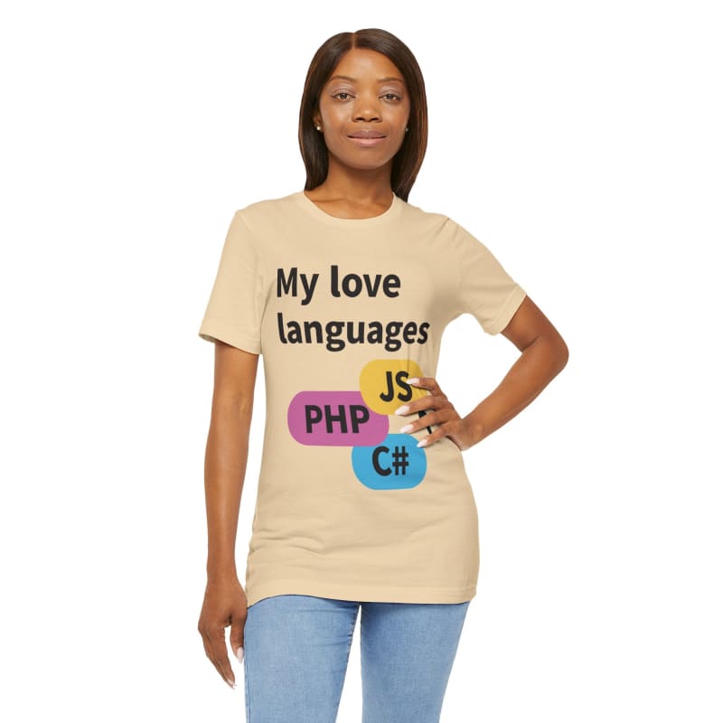 T-shirt with a programming-themed design featuring the text ’My love languages’ and logos for JS, PHP, and C#.