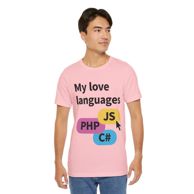 Pink t-shirt with a programming-themed graphic design featuring text about love languages and coding language names.