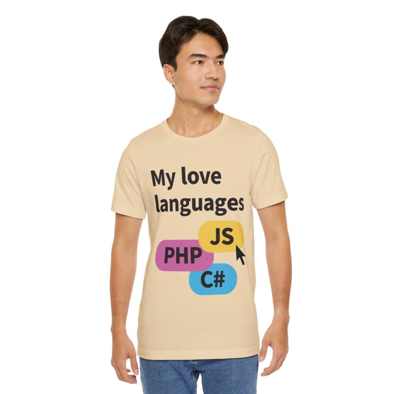 T-shirt with a programming-themed design featuring text and colorful language icons.