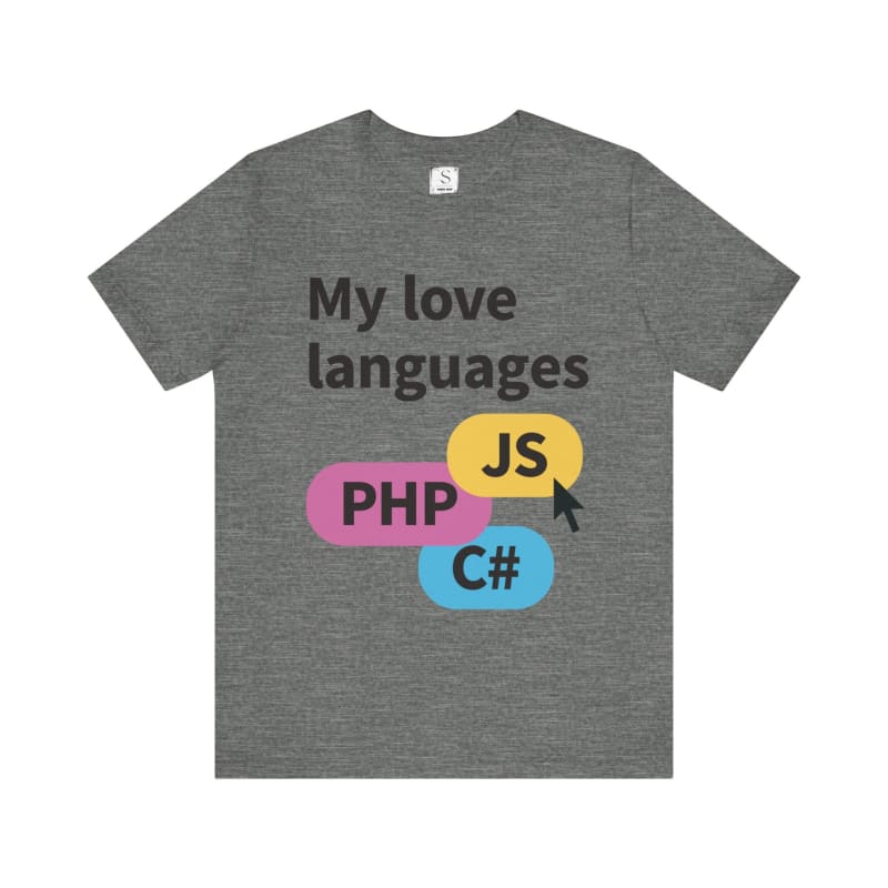 Gray t-shirt with a programming-themed design featuring the text ’My love languages’ and logos for PHP, JS, and C#.