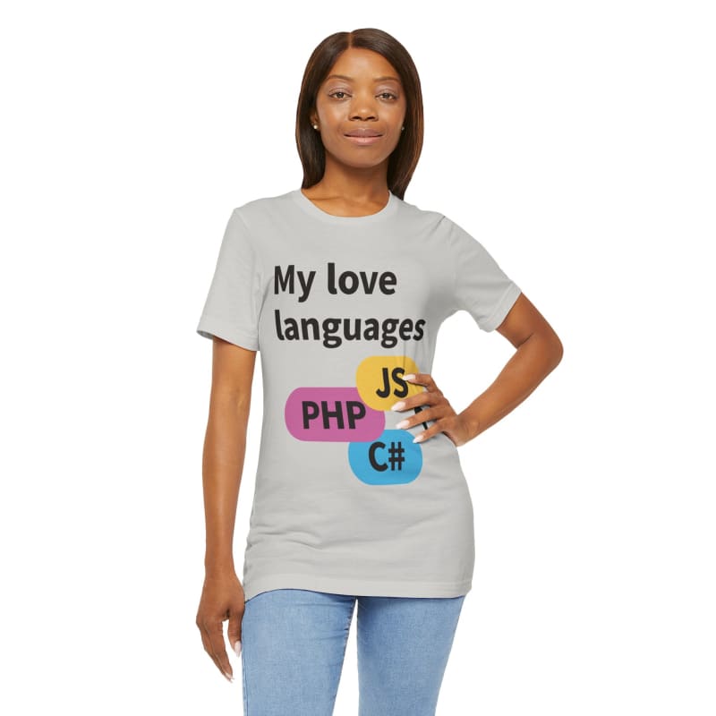 T-shirt with a programming-themed design featuring the text ’My love languages’ and logos for PHP, JS, and C#.