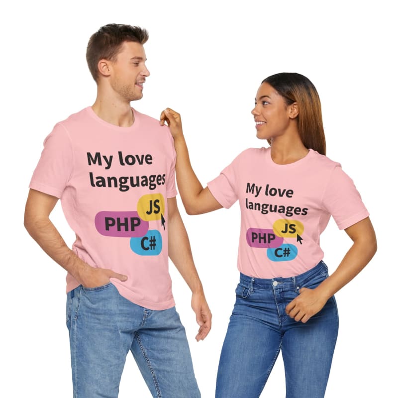 Matching pink t-shirts with programming language names worn by a couple.