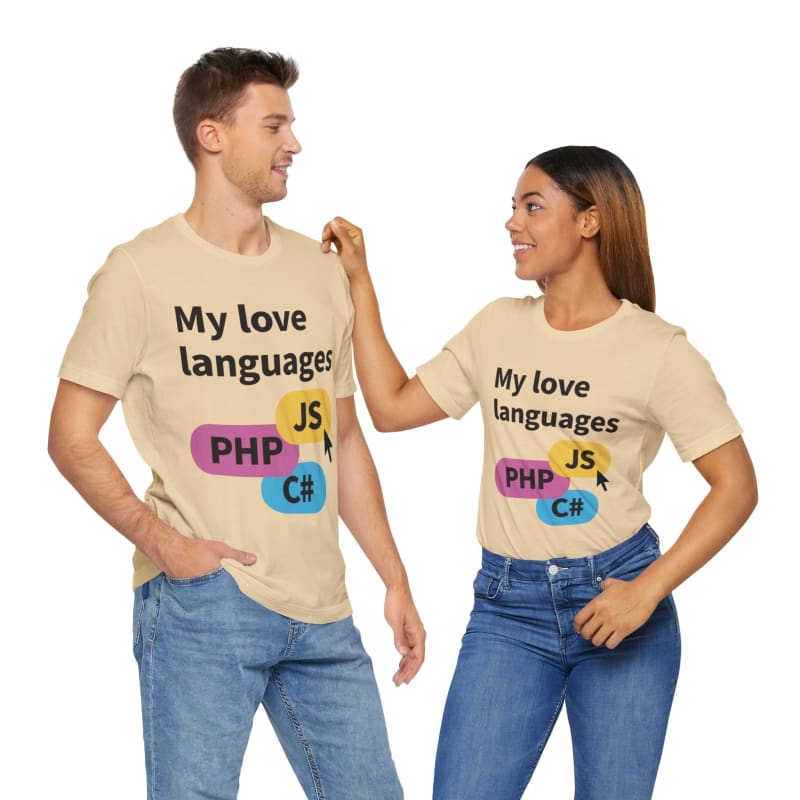 Matching t-shirts with programming language names worn by a couple.