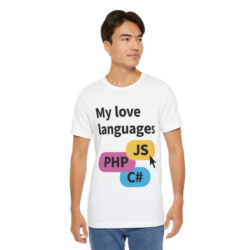 White t-shirt with a programming-themed graphic design featuring text and colorful shapes representing different coding languages.