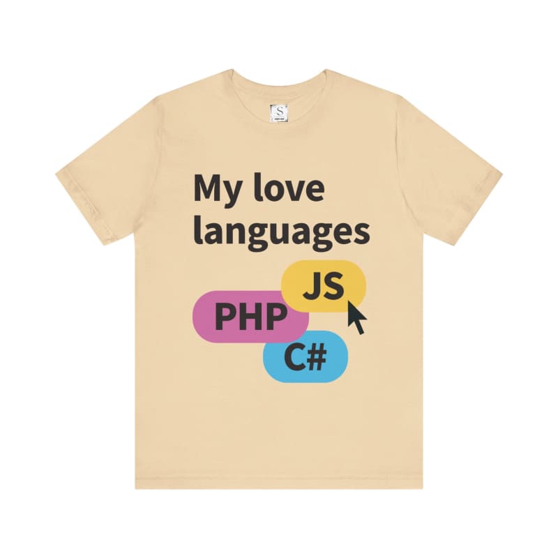 Beige t-shirt with ’My love languages’ text and programming language abbreviations printed on it.