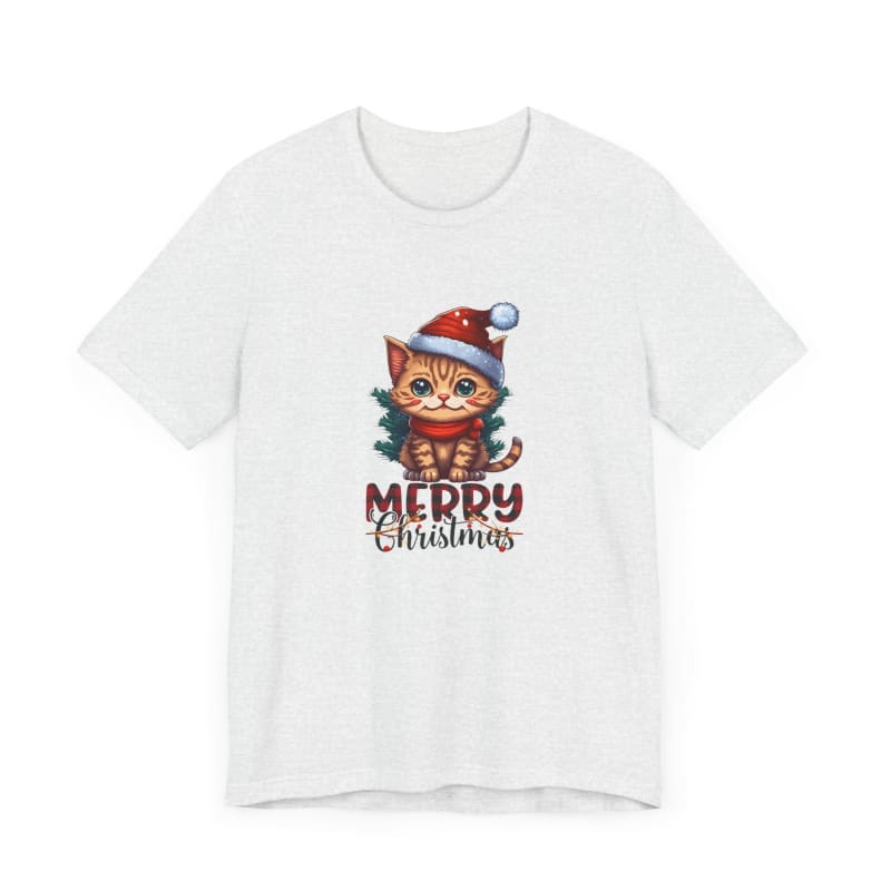 White t-shirt with a cartoon cat wearing a Santa hat and Christmas lights design that says ’Merry Christmas’