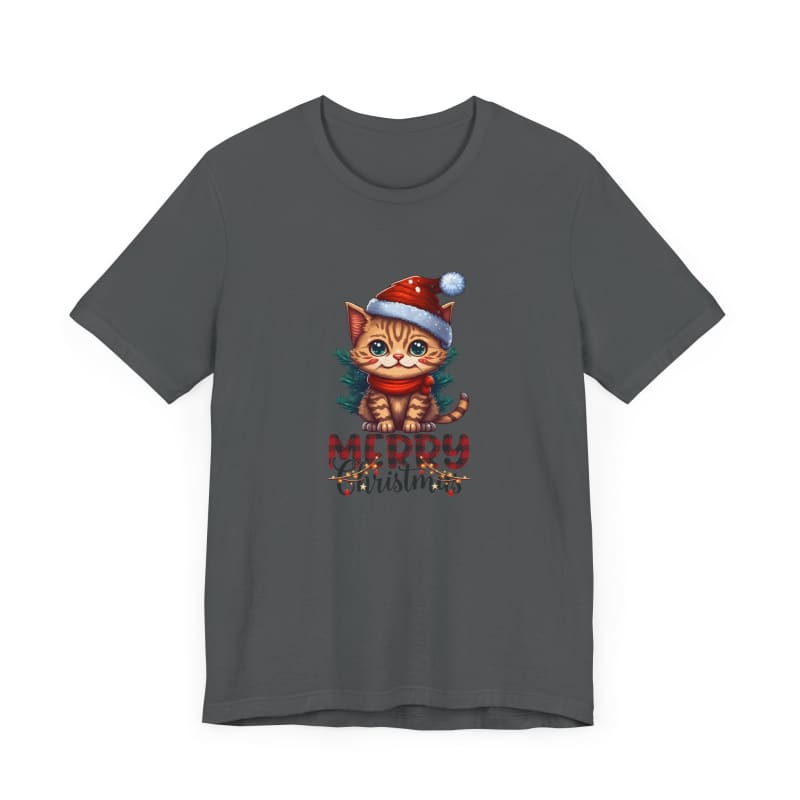 Grey t-shirt featuring a cartoon cat wearing a Santa hat.