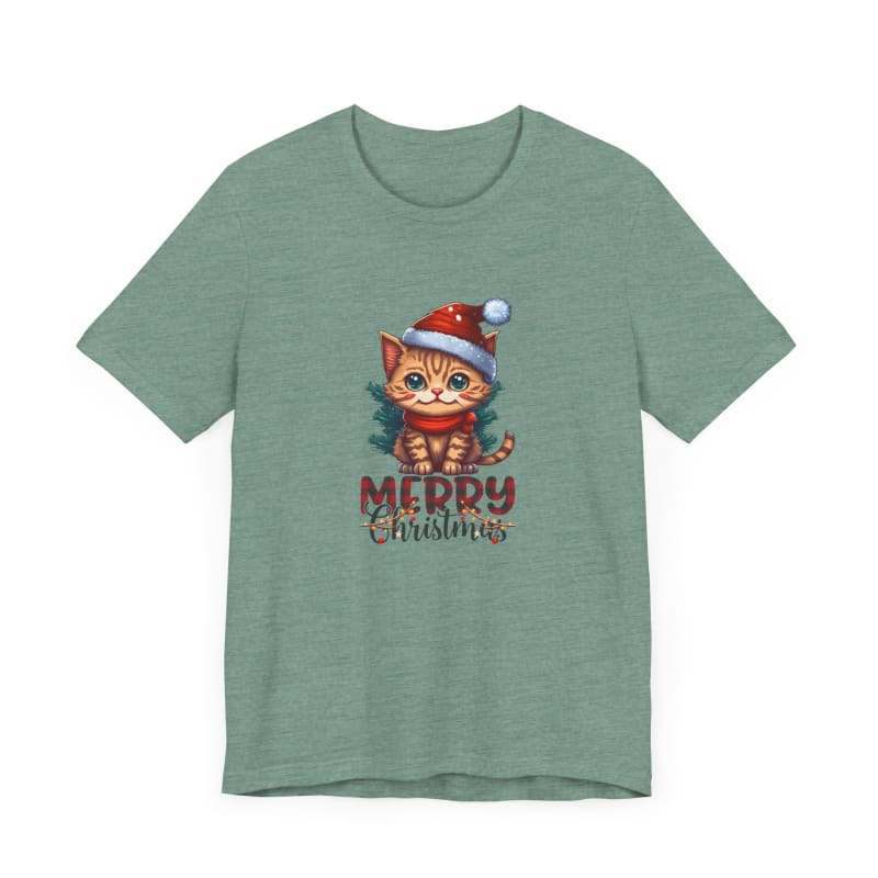 Sage green t-shirt featuring a cartoon tabby kitten wearing a Santa hat with ’Merry Christmas’ text.