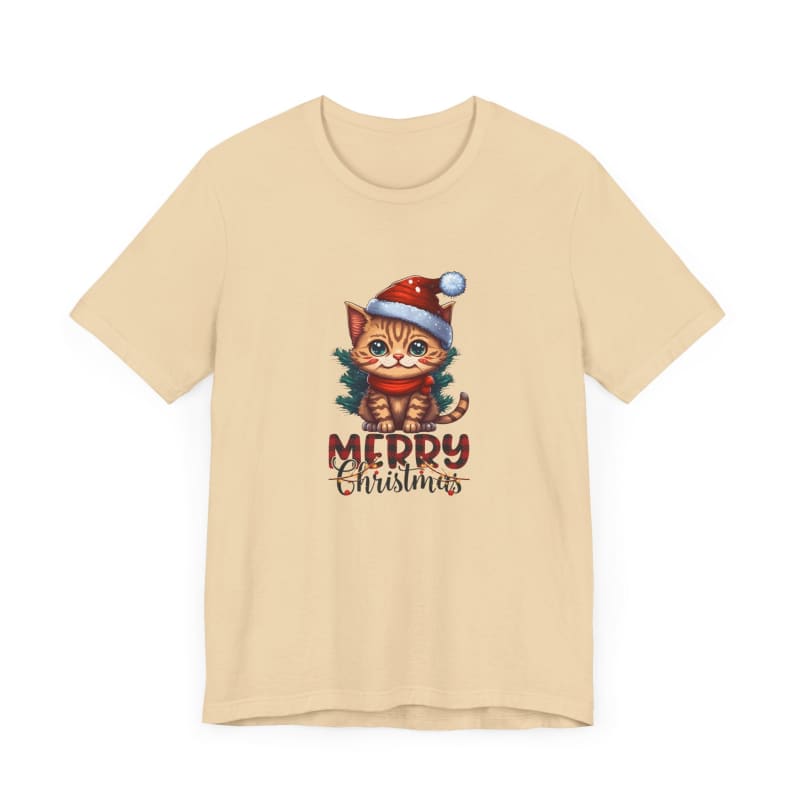 Beige t-shirt featuring a cartoon tabby kitten wearing a Santa hat with ’Merry Christmas’ text below.