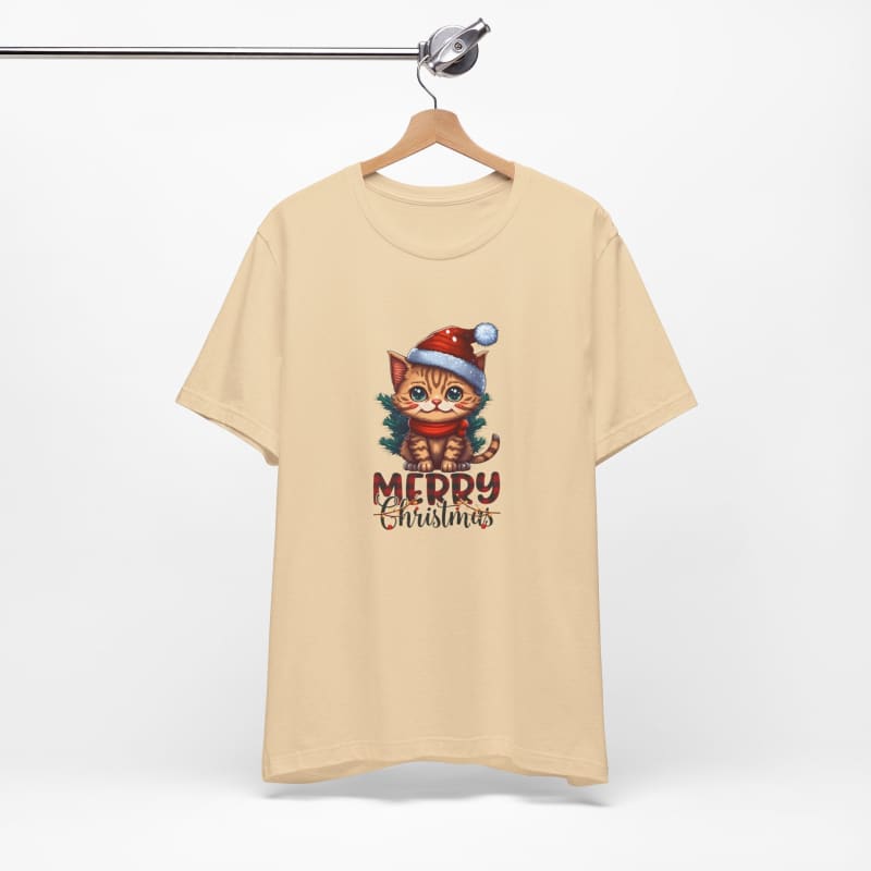 Beige t-shirt with a Christmas cat wearing a Santa hat design printed on the front.