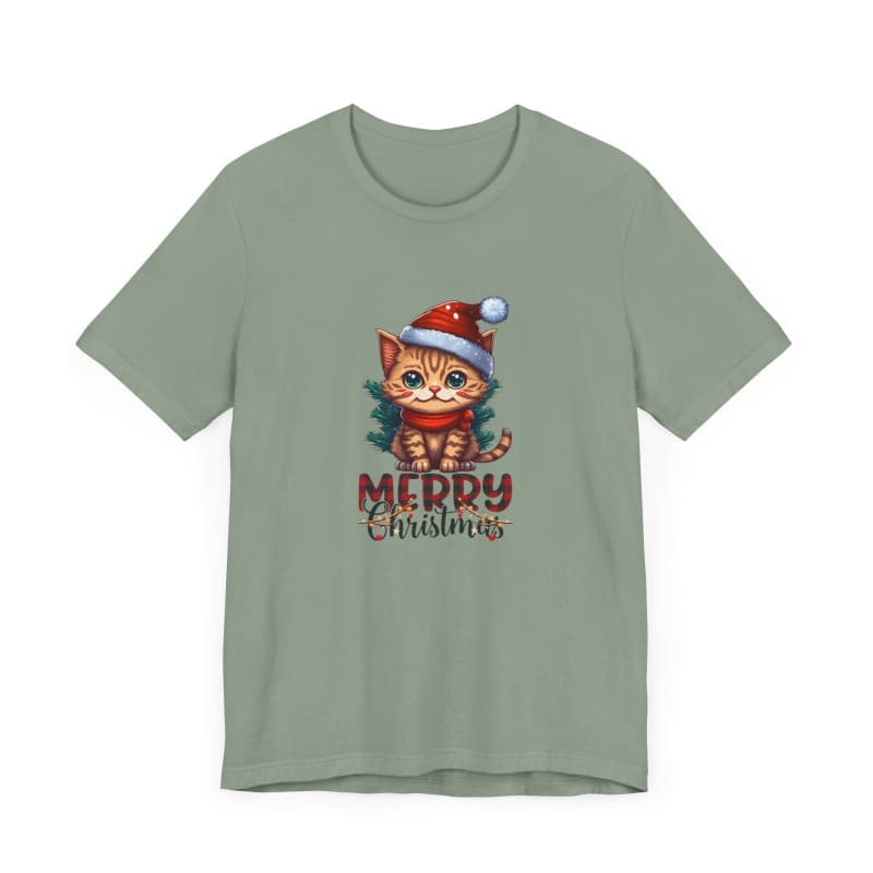 Sage green t-shirt featuring a cartoon tabby cat wearing a Santa hat with ’Merry Christmas’ text.